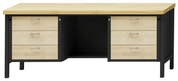 Établi d'armoire ANKE; 2000x700mm; Hêtre plaque solide; 3 tiroirs à gauche; En retrait au milieu du sol; A droite 3 tiroirs 180 mm