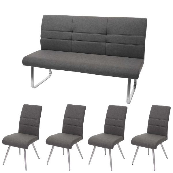 Mendler Set 4x chaise de salle à manger + banc HWC-G55, banc chaise de cuisine chaise, tissu / textile acier inoxydable, banc gris-marron 160cm, 71707 + 2x71708