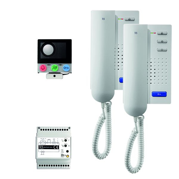Système de contrôle de porte audio TCS: pack installation pour 2 unités résidentielles, avec haut-parleur intégré ASI12000, 2x interphones ISH3130 et unité de contrôle BVS20, PAIH020 / 002