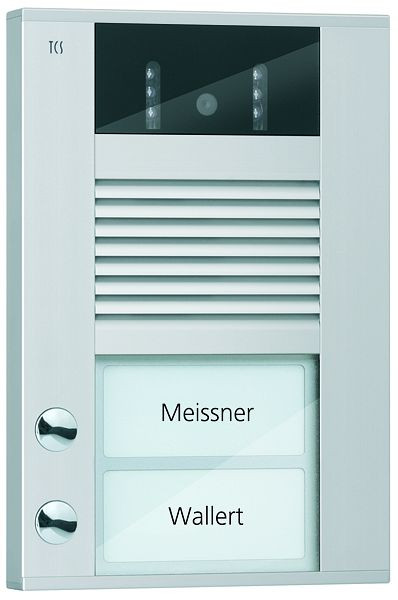 Interphone vidéo TCS avec caméra à 130 degrés série AVD avec 2 boutons de sonnette (alignés à droite), AP argent, AVD14023-0010