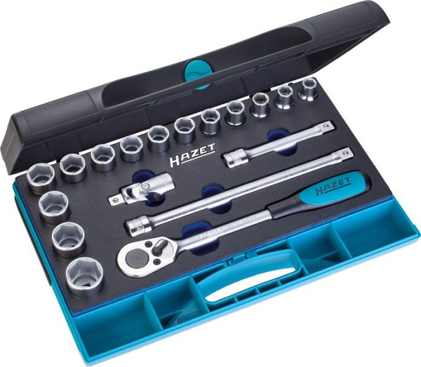 Jeu de clés à douilles Hazet, carré creux 12,5 mm (1/2 pouce), profil de traction à six pans creux, coffret en plastique 165-L (1/3), 932/18