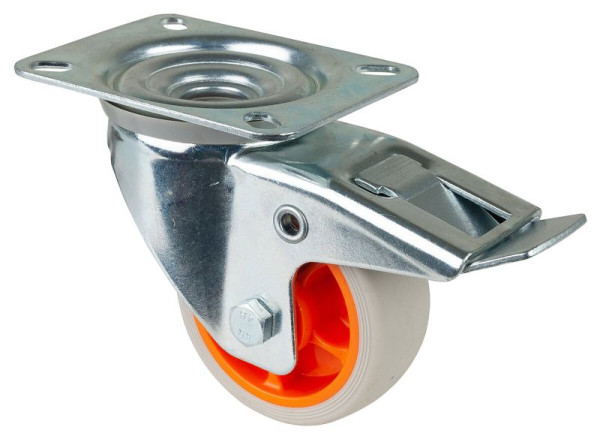 Roulettes BS, roulette de transport, roulette pivotante, frein, roue en caoutchouc thermoplastique, bandage gris clair, jante orange, platine : 80 mm, lot de 4, L420.B44.081.02
