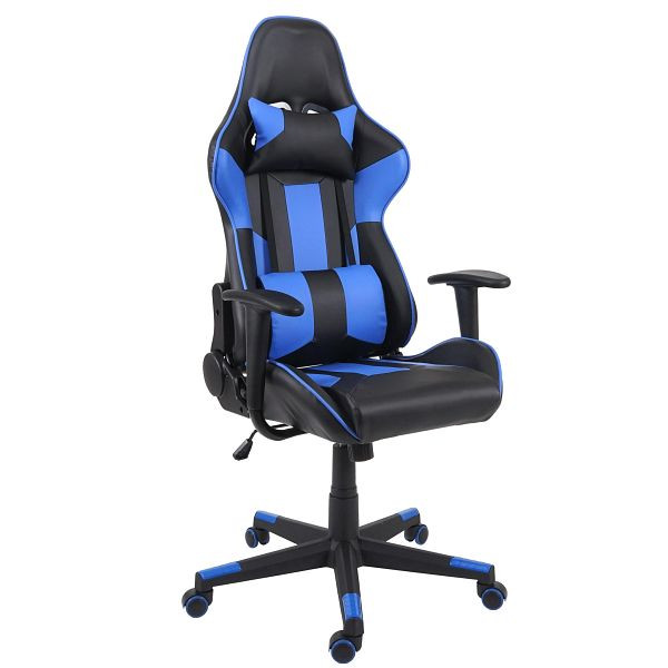 Chaise de bureau Mendler HWC-F84, chaise de bureau, chaise de jeu, chaise de direction, chaise pivotante, simili cuir, noir/bleu, 70542