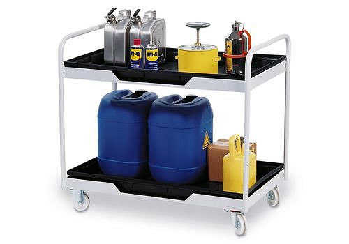 Etabli mobile DENIOS avec 2 bacs de collecte en polyéthylène (PE), volume de collecte 2 x 30 litres, 115-214