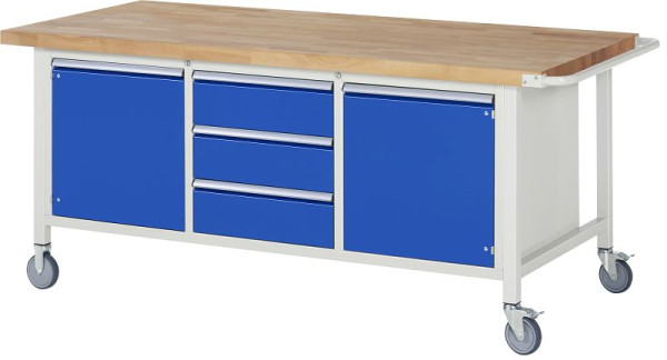 Etabli mobile RAU modèle 8569, L2000xP900xH880-1080mm, conteneur triple structure, gauche : porte battante, milieu : 3x180mm, droite : porte battante, 05-8569A2-209B4H.11