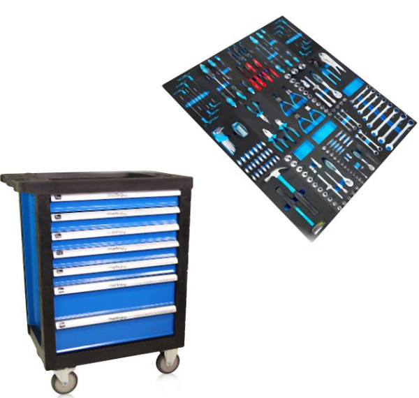 Chariot d'atelier Metra, rempli de 14 jeux d'outils, bleu, 9910240