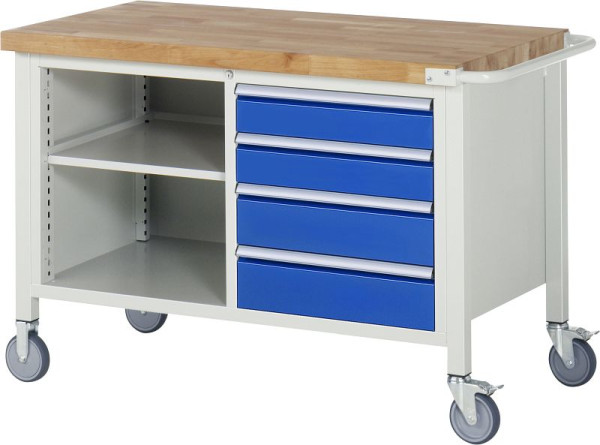 Etabli mobile RAU 8000 - modèle 8463, L1250xP700xH880-1080mm, conteneur double structure, gauche : étagère, droite : 2xH120, 2xH150mm, 05-8463A2-127B4H.11
