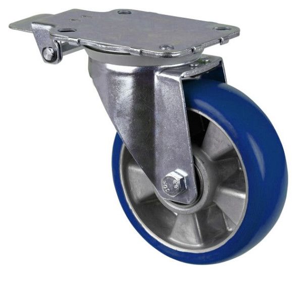 Roulettes BS Roulette pivotante avec frein central, roue polyuréthane, jante aluminium, roulement à billes, platine, diamètre : 160 mm, 95 Shore A, L440.B92.160