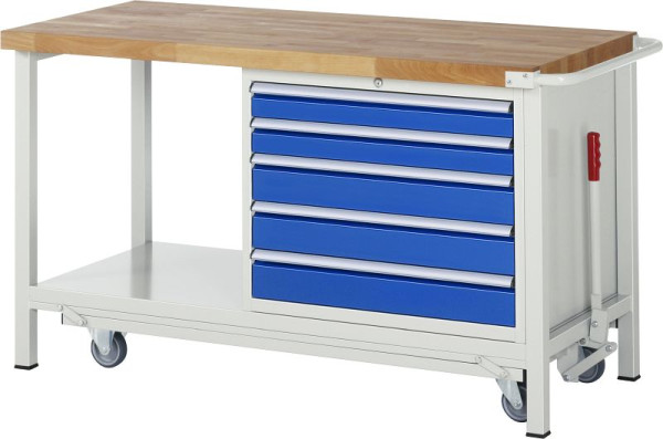 Etabli abaissable RAU 8000 - modèle 8271, L1500 x P700 x H880 mm, conteneur de sous-structure à droite, 5x tiroirs : 2xH90, 3xH120 mm, 05-8271A6-157B4F.11