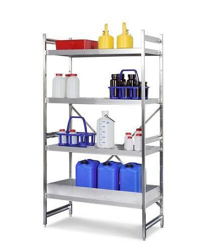 Rack pour matières dangereuses DENIOS GRE 9050 pour matières inflammables, acier inoxydable, 1 plateau et 3 étagères perforées, baie de base, 181-451
