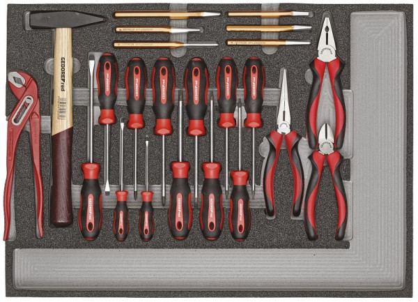 GEDORE jeu d'outils rouge tournevis, pinces, marteau, jeu de burins, 23 pièces, 3301686