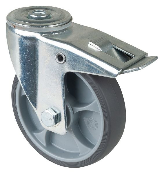 Roulette de transport à roulettes BS roulette pivotante avec frein, roue en caoutchouc thermoplastique gris, roulement à billes, trou arrière, diamètre : 125 mm, pack : 2 pièces, L121.A85.127