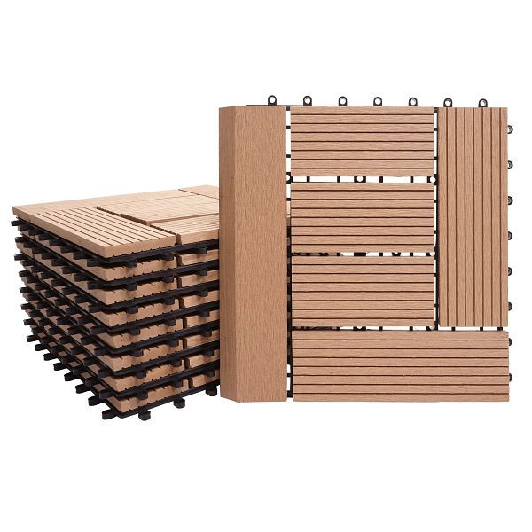 Carrelage de sol Mendler WPC Rhône + finition, balcon/terrasse aspect bois, 11x chaque 30x30cm = 1m² premium, décalage en teck, 77631