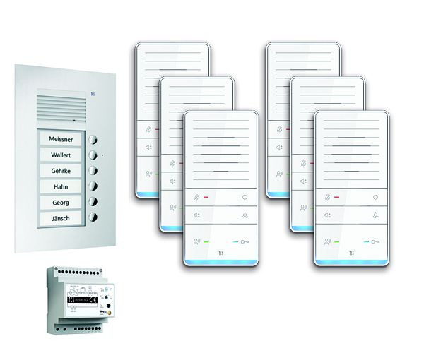 Système de commande de porte audio TCS : pack UP pour 6 unités résidentielles, avec poste extérieur PUK 6 boutons de sonnerie, 6x haut-parleur mains libres ISW5031, unité de commande BVS20, PAUF061 / 001