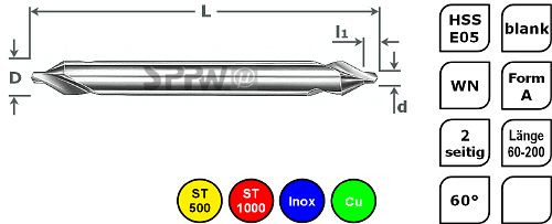 Foret à centrer SPPW HSS-E05 WN forme A 80 long - 2,00x6,00, 1235200200