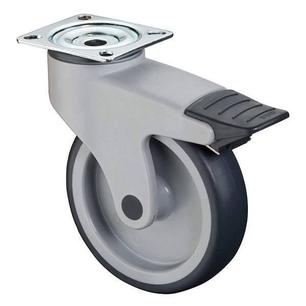 Rouleaux BS Rouleau en plastique avec frein, largeur 32 mm, Ø125 mm, jusqu'à 100 kg, bande de roulement en caoutchouc gris, corps de roue en plastique, palier lisse, platine, C120.A81.125