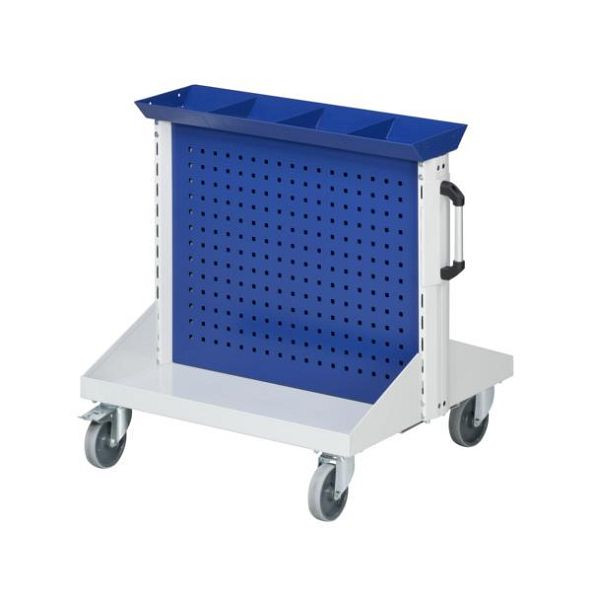 Plateau de rangement pour voiture ANKE et panneaux en tôle perforée; 800x720x750 mm; RAL 7035/5010; avec 1x plateau de rangement avec 1/4 division, 2x panneau en tôle perforée (1x par côté)