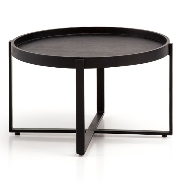 Wohnling Table Basse 60x60x35 cm Bois Massif de Manguier/Métal Noir Table de Canapé Ronde, Table de Salon Design avec Bord Surélevé, WL6.803