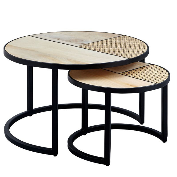 Wohnling Design table de salon set de 2 manguier/rotin ronde, avec pieds en métal, bois/métal, WL6.312