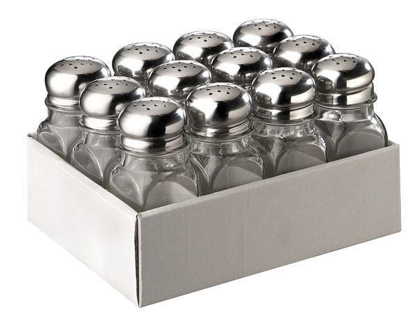 Shaker polyvalent APS, 4 x 4 cm chacun, hauteur : 10 cm, 70 ml, récipient en verre, couvercle en acier inoxydable, 13 trous chacun, lot de 12, 40504