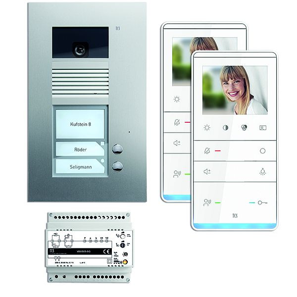 Vidéo du système de commande de porte TCS : pack UP pour 2 unités d'habitation, avec platine de rue AVU 2 boutons de sonnerie, 2x haut-parleur mains libres vidéo IVW5111, commande, PVU17020-0010