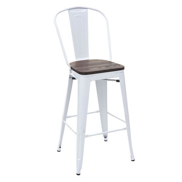 Tabouret de bar Mendler HWC-A73 avec siège en bois, tabouret de bar avec dossier, design industriel en métal, blanc, 74897