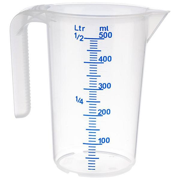 Verre doseur APS, Ø 9 cm, hauteur : 14 cm, 0,5 litre, polypropylène, avec anse ouverte, graduation en relief à l'extérieur, 30061