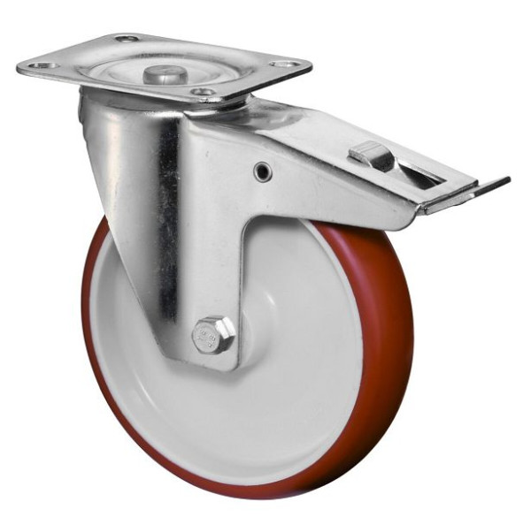 Rouleau de transport BS rollers avec frein, largeur 45 mm, Ø200 mm, jusqu'à 300 kg, polyuréthane rouge, corps en plastique, roulement à rouleaux, plateau, L420.B31.200