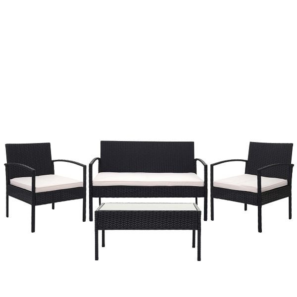 Ensemble en rotin synthétique Mendler HWC-F56, ensemble balcon/jardin/salon, noir, coussins crème, 69821