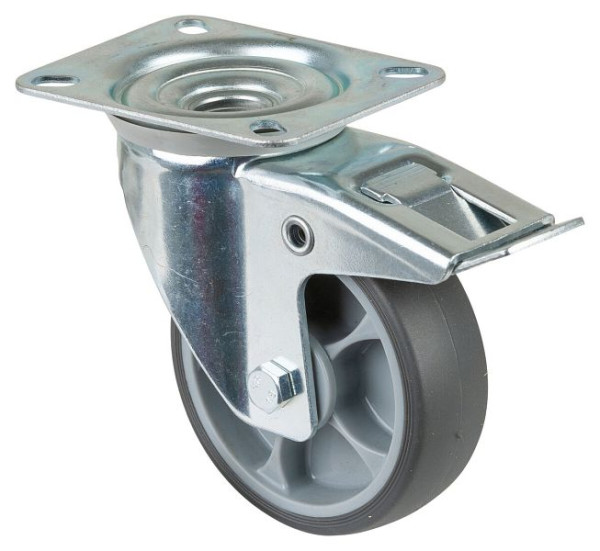 Rouleau de transport BS rollers avec frein, largeur 32 mm, Ø100 mm, jusqu'à 110 kg, plastique, roulement à billes, plaque, lot de 4, L420.A85.102