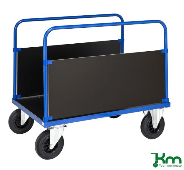 Chariot à plate-forme Kongamek, paroi d'extrémité dans le sens de la longueur, 2 roulettes fixes et 2 roulettes pivotantes en caoutchouc plein avec freins, 1000 x 700 x 900 mm, série 300, KM336-2B