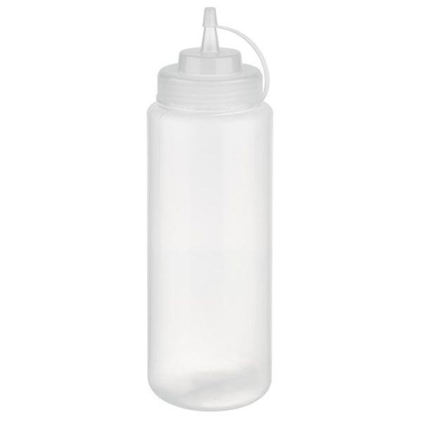 Flacon souple APS, Ø 8 cm, hauteur : 26,5 cm, 1,025 ml, polyéthylène, transparent, avec couvercle à vis, avec bouchon, ouverture de remplissage : Ø 5,5 cm, 93259