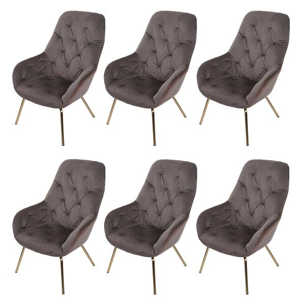 Mendler HWC-K26 ensemble de 6 chaises de salle à manger, chaises rembourrées, chaises de salon, chaises de cuisine avec accoudoirs, métal, velours, marron clair, 6x89604