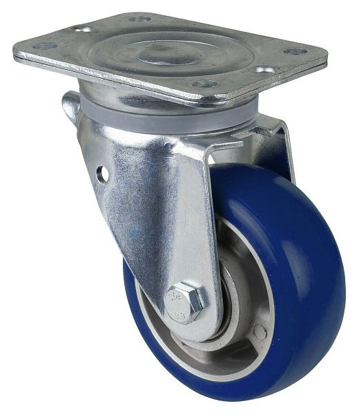 Roulette pivotante pour charges lourdes BS Rollers, roue en polyuréthane 83 Shore, jante en aluminium, roulement à billes, platine, diamètre : 125 mm, N100.B92.125