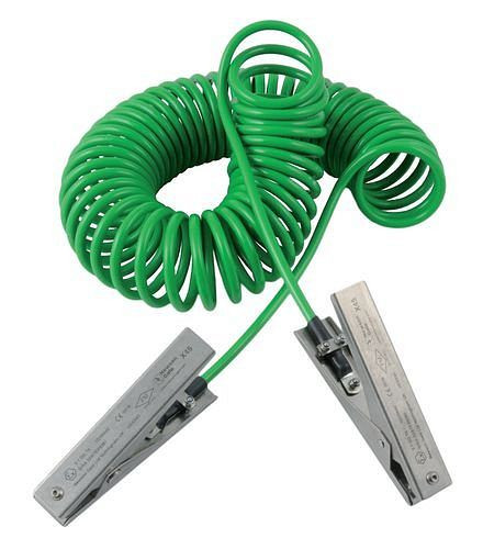 Câble de mise à la terre spiralé DENIOS, 2 pinces de mise à la terre en acier inoxydable MD 120 mm, rallonge de 5 m, ATEX, 165-872