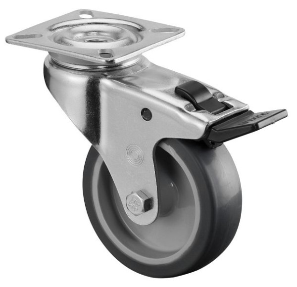 Rouleau d'appareil BS rollers, plateau, frein, largeur 25 mm, Ø75 mm, 60 kg, bande de roulement en caoutchouc gris, palier lisse, lot de 8, A320.A80.075