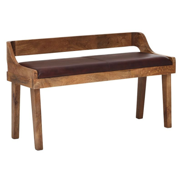 Banc Wohnling en cuir véritable / banc en bois massif 108x63x43 cm, avec dossier, marron, WL6.085