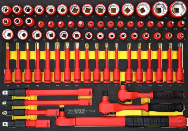 KS Tools Jeu de clés à douilles isolées 3/8"+1/2" avec clé dynamométrique dans insert en mousse, 72 pièces, 117.6172