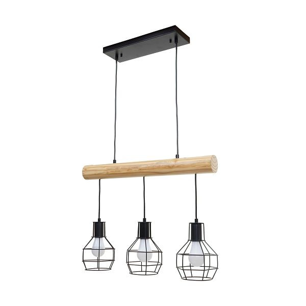 Suspension Mendler HWC-H83, lampe suspendue suspension, vintage industriel bois massif métal noir, 3 abat-jour en treillis, 74207