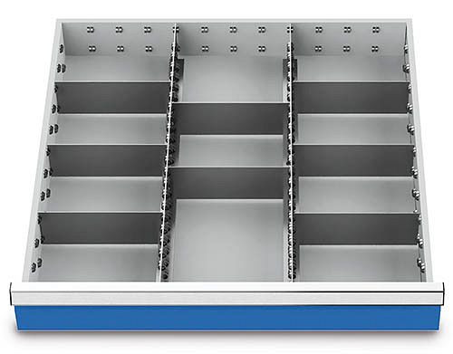 Insert de tiroir Bedrunka+Hirth, série 700 rails pour compartiment central, avec 8 séparateurs, pour façade 150 mm, 139BLH150A