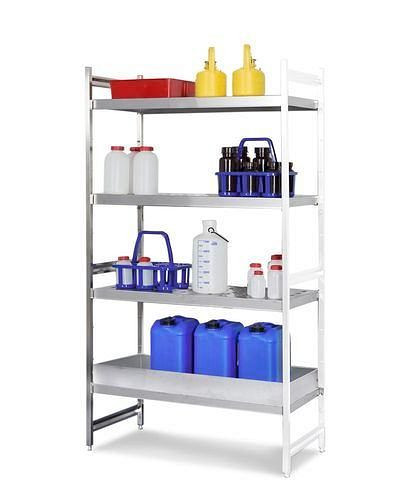 Rack pour matières dangereuses DENIOS GRE 9050 pour matières inflammables, acier inoxydable, 1 plateau et 3 étagères perforées, unité complémentaire, 181-452