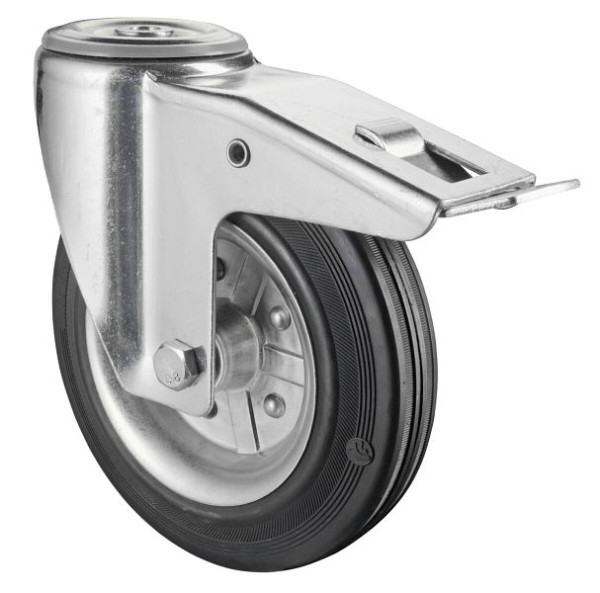 Rouleau de transport BS rollers avec frein, largeur 50 mm, Ø200 mm, jusqu'à 200 kg, bande de roulement en caoutchouc noir, jante en acier du corps de roue, roulement à rouleaux, L121.B58.200