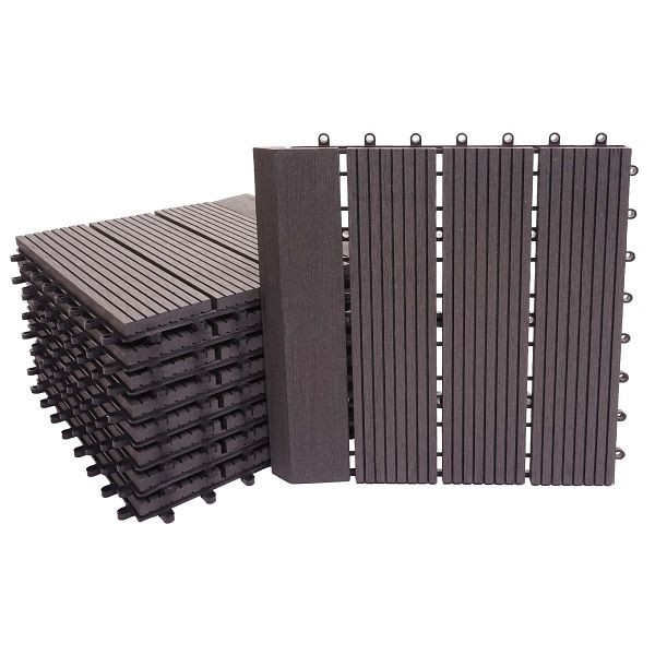 Carrelage de sol Mendler WPC Rhône + finition, aspect bois balcon/terrasse, 11x chaque 30x30cm = 1m² premium, anthracite linéaire vertical, 77620