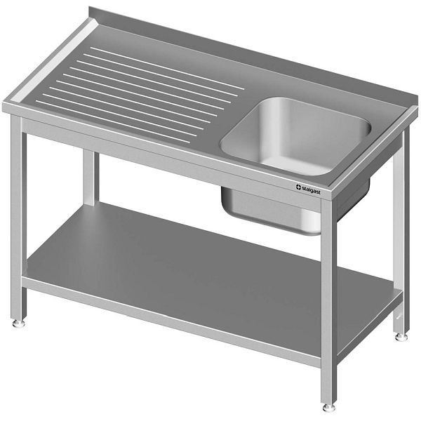 Meuble évier Stalgast avec base 1300x700x850 mm, avec vasque à droite, avec dosseret, soudé, VST13721RA