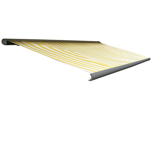Store à cassette électrique Mendler T122, store cassette complète 4x3m, polyester jaune/blanc, cadre gris, 58241+34295+58309