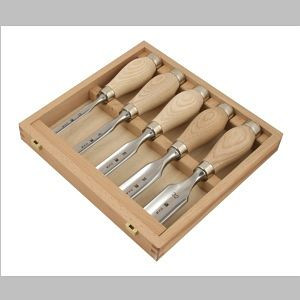 Jeu de burins creux courts MHG dans un coffret en bois, poignée en frêne huilé, contenu: 12,16,20,26,32 mm, lame polie, taille: 5 pièces, KU13120.05