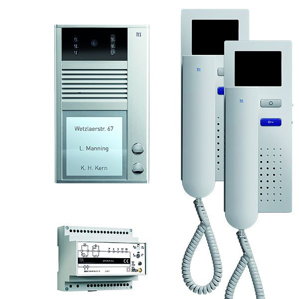 Vidéo de commande de porte TCS : pack AP pour 2 unités d'habitation, avec platine de rue AVC 2 boutons de sonnerie, 2x visiophone IVH3222, commande, PVC1420-0010