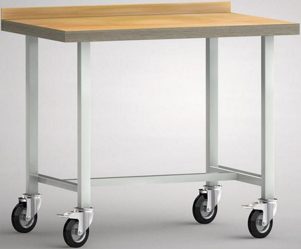 Etabli professionnel KLW - 1000 x 700 x 845 mm L x P x H, avec plateau multiplex en hêtre 1000 x 700 x 45 mm, mobile avec panneau arrière, WP819N-1000M45-X0001