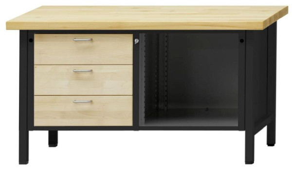 Établi d'armoire ANKE; 1500x700 mm; RAL 7016 / hêtre ciré naturel; Hêtre plaque solide; A gauche 3 tiroirs 180 mm; Sujet ouvert droit