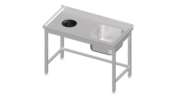 Meuble évier Stalgast sans fond, avec bonde, 1300x600x850 mm, avec vasque à droite, avec dosseret, soudé, VST13615RA
